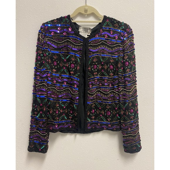 Papell Boutique Evening Black Jacket Silk Bead Sequin Size Medium Used - Picture 1 of 9